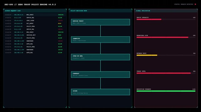 Digital zero trust security policy engine interface monitoring network access logs and threat intelligence levels