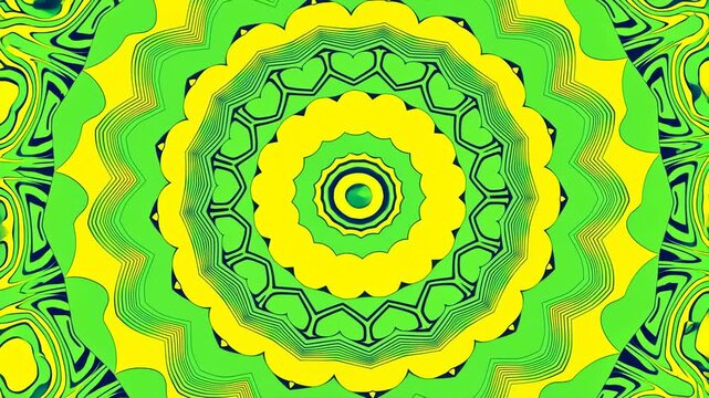 Kaleidoscopic geometric pattern morphs radially in a vibrant abstract digital space. Motion graphics, music visualizer, and event screen decoration.