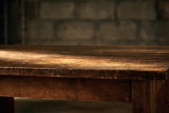 Aged wooden tabletop with weathered grain and warm low-light ambiance against a blurred industrial wall