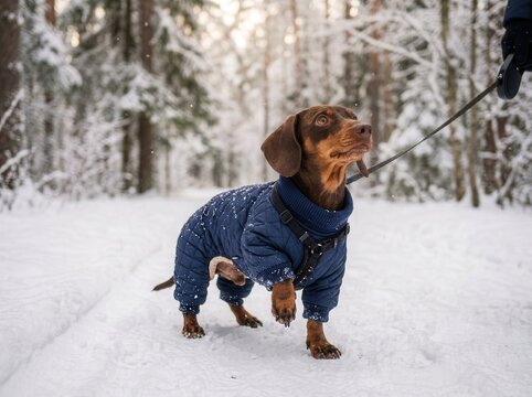A dachshund in a winter dark blue suit tucks its paw in from the cold during a walk

