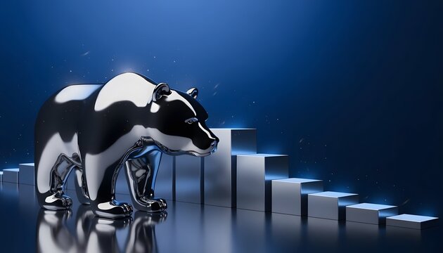 Modern black and silver bear sculpture next to ascending bar graph on blue background
