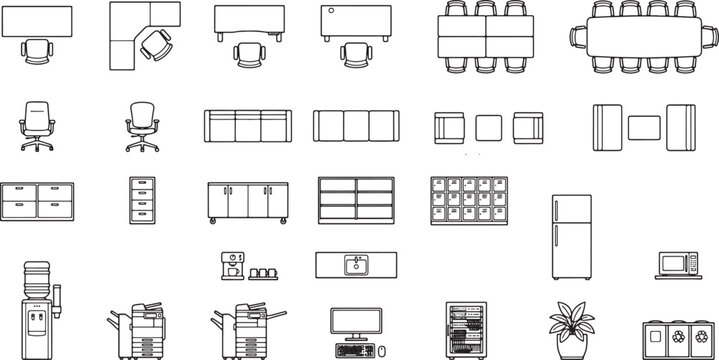 Comprehensive office furniture and equipment icons for technical floor plan layout design in black and white vector