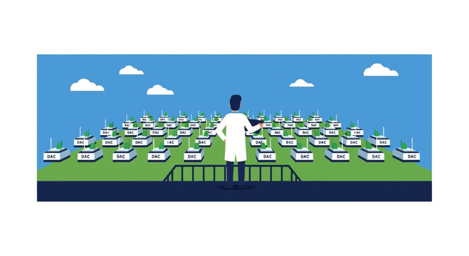 Scientist Overlooking Direct Air Capture (DAC) Facility for Carbon Removal and Climate Change Mitigation Illustration