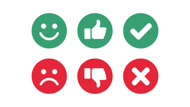 Evaluation Symbols: A set of circular icons depicting positive and negative feedback, including a smiling face, thumbs-up, and checkmark, contrasted with a frowning face, thumbs-down, and cross mark.