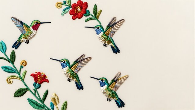 Colorful hummingbirds flying around vibrant red flowers created with detailed needlepoint embroidery stitching on a smooth cream fabric background featuring intricate textures and delicate 