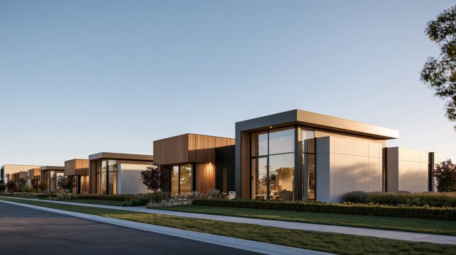 Architectural exterior design of modular housing: interlocking blocks, neutral palette, and serene green surroundings