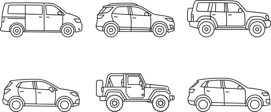 Car and suv line icon set featuring isolated outline vector illustrations of van crossover offroad jeep and family vehicles