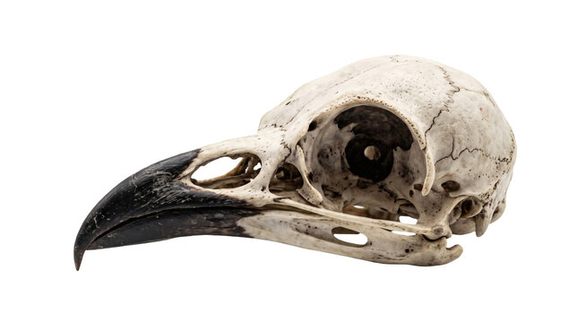 Crow skull resting on its side on transparent background