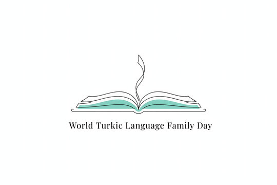 Turkic language family day featuring a single line open book with teal accents and black text on a white background