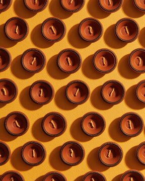 Diwali lamps in rows of unfired terracotta clay with cotton wicks on a bright ochre background, for seasonal packaging and pattern design