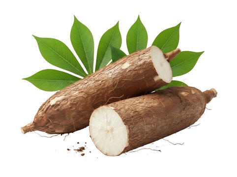 Cassava roots with green leaves isolated on transparent background