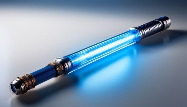 a lightsaber lies on a white surface with its blue blade shining brightly