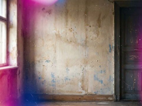 Vintage wall texture with film grain and light leaks in an old abandoned room interior.