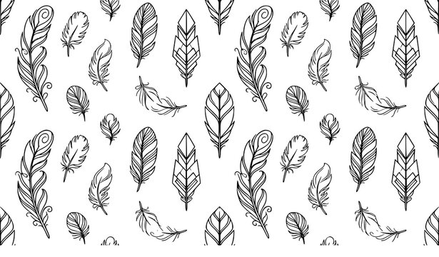SEO-friendly Title:
Minimalist Monoline Boho Feathers Seamless Pattern Vector