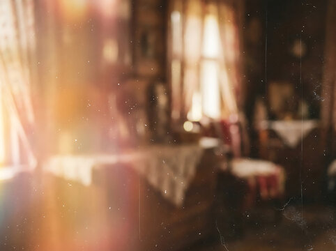 Vintage film grain texture with soft light leaks and blurred interior room background