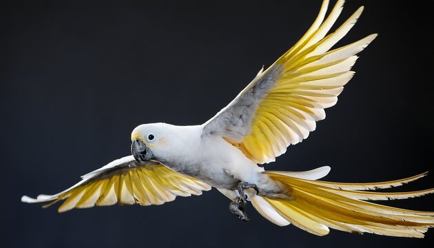 a white and yellow parrot is flying in the air