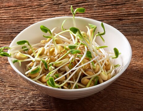 a white bowl filled with sprouted bean shoots on a wooden surface