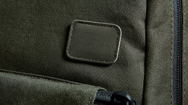 Close-up shot of an olive green canvas backpack featuring a blank stitched logo patch.