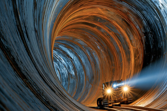 interior of a large industrial pipeline, a tracked inspection crawler robot with lights advancing along the curved steel wall, weld seams and rust texture, receding perspective, cinematic photoreal, 