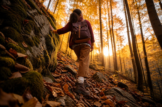 Woman hiking uphill on a rocky trail in an autumn forest. Female hiker with backpack exploring sunny woods with fall foliage. Active outdoor lifestyle and adventure concept