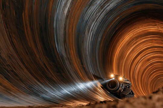 interior of a large industrial pipeline, a tracked inspection crawler robot with lights advancing along the curved steel wall, weld seams and rust texture, receding perspective, cinematic photoreal, 