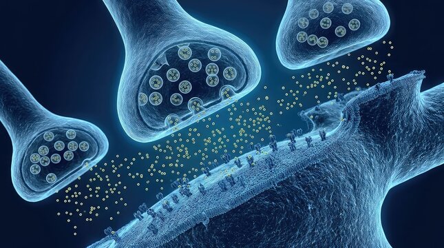 microscopic close-up of a neural synaptic environment filled with thousands of tiny neurotransmitter-like particles, several axon terminals approaching intricate dendritic surfaces, 