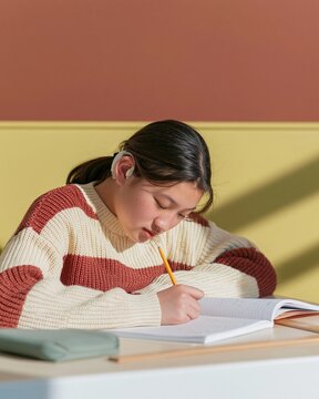 East Asian girl solving a maths problem in her exercise book, focused in a sunlit classroom with terracotta walls and copy space for education campaigns