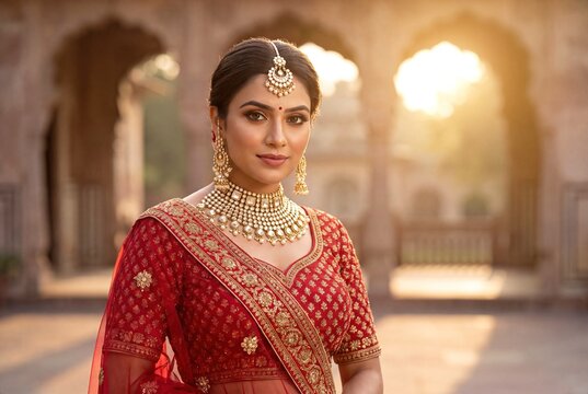 Portrait of a beautiful Indian bride wearing traditional red lehenga choli and gold kundan jewelry at sunset