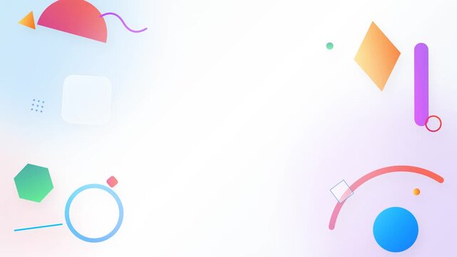 A bright, modern, and fresh motion graphic background designed for corporate presentations. Features a rich variety of geometric shapes (circles, arcs, hexagons, diamonds, etc.) floating seamlessly in