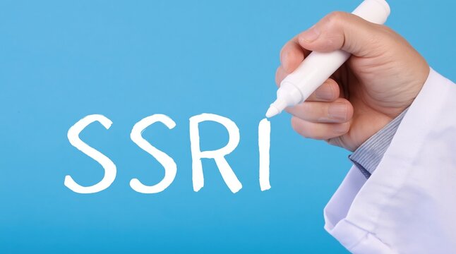 Close-up of hand writing SSRI text on a blue surface representing medical concept.