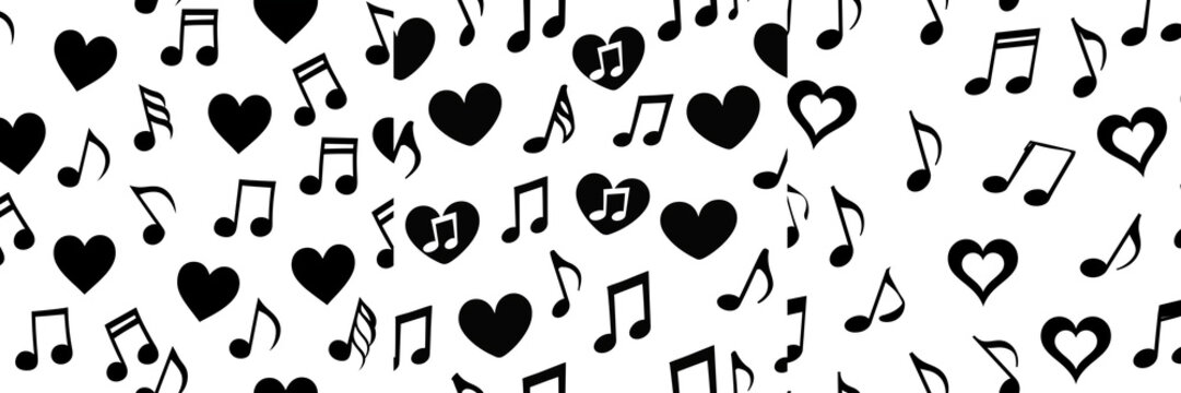 Set of Seamless Valentine music pattern with hand-drawn hearts, eighth notes, microphones, music staffs, tiny stars, and decorative dots on transparent png background. Ai generated