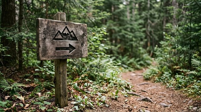 Rustic wooden hiking trail sign featuring a mountain icon and right-pointing arrow along a dirt path in the forest.
