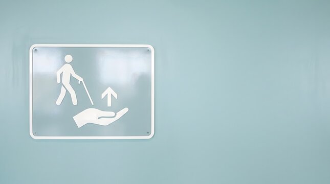 Light blue mobility assistance sign featuring a person walking with a cane, a helping hand, and an upward arrow on a wall.