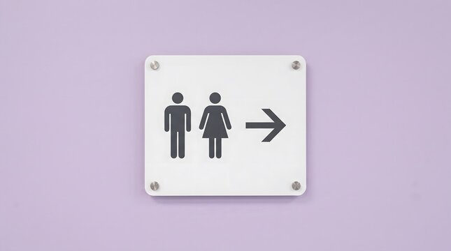 White acrylic restroom wayfinding sign featuring dark gray male and female icons and a right arrow on a purple wall.