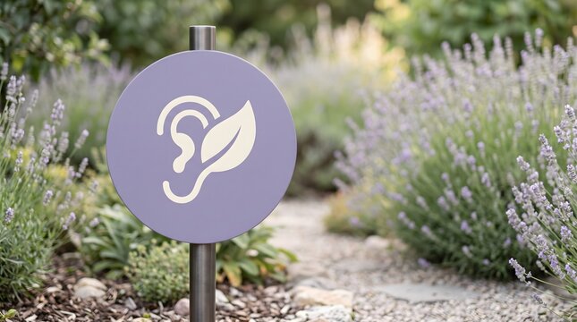 Purple round sensory-friendly area sign featuring a white ear and leaf icon mounted on a metal pole in a lavender garden.