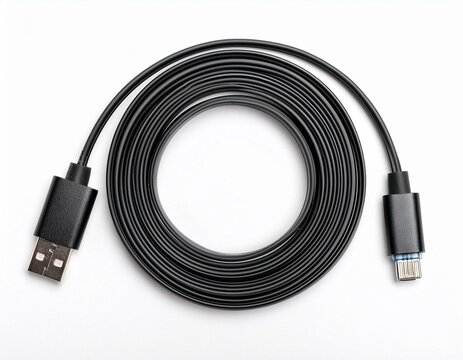 black usb a to usb c cable for data transfer and charging top view isolated on white background