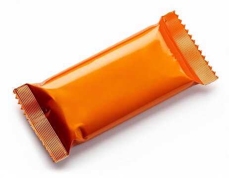 blank orange snack bar wrapper glossy food packaging isolated on white background