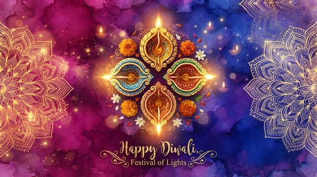 Happy diwali festival of lights greeting card with four ornate glowing diyas, marigold flowers, and intricate mandala patterns on a watercolor background