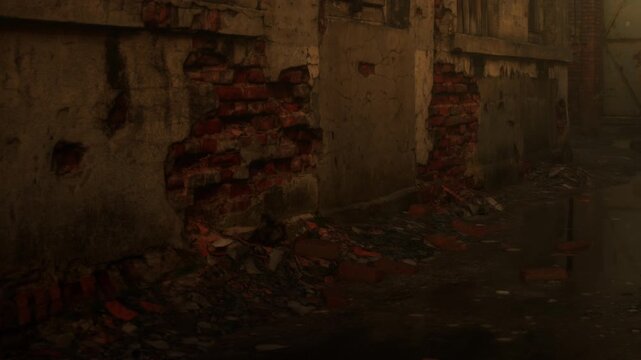 Damp bricks and crumbling walls stand in a secluded alley under soft lighting. Trash and debris litter the ground, evoking a sense of history and desolation in the urban landscape.
