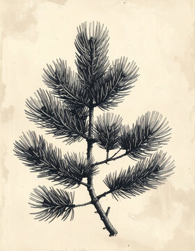 Antique botanical engraving of a pine branch with detailed needles