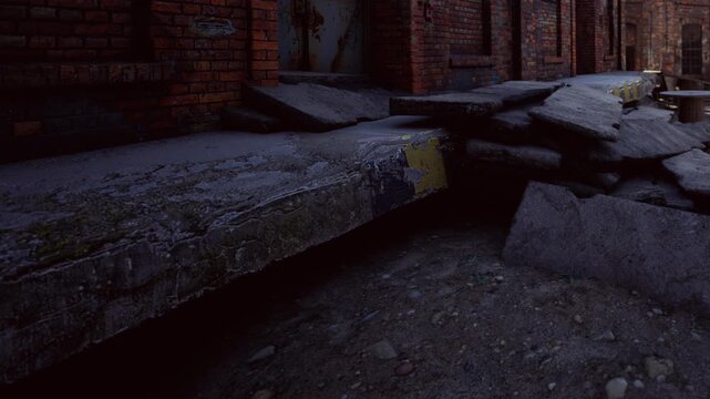 Graffiti covered brick walls rise alongside uneven and damaged pavement in a desolate alley. Shadows linger as remnants of urban life hint at a forgotten past.