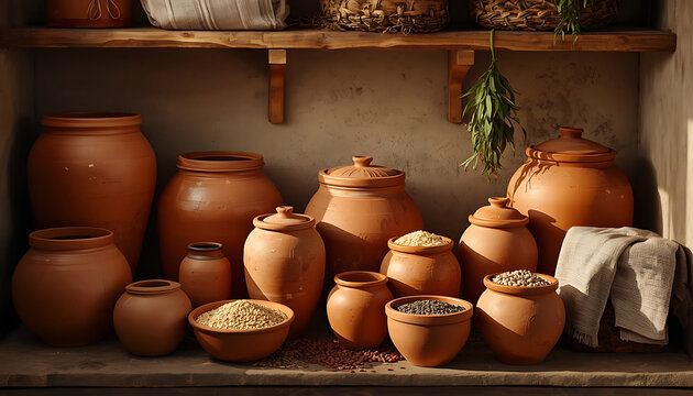 Clay Pots and Traditional Terracotta Pottery in a Garden or Local Market for Rustic Decoration and Handmade Cultural Craft Tradition