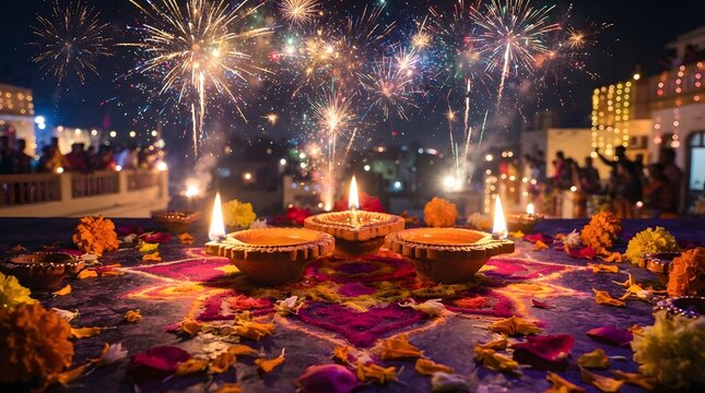 Diwali celebration with colorful rangoli, lit clay oil lamps, and bright fireworks lighting up the night sky in a festive atmosphere