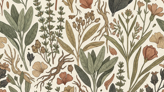 Detailed medicinal herb and wildflower botanical pattern for natural fabric printing.