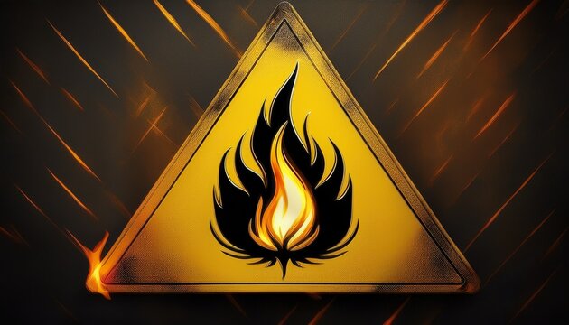 flammable warning sign displaying a black fire symbol on a yellow triangle background representing danger or hazard