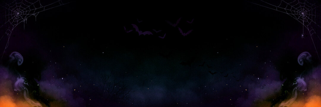 Spooky Halloween Background with Flying Bat Silhouettes, Spider Webs and Purple Green Swirling Smoke on Black Sky, Atmospheric Illustration for Party Invitations and Seasonal Designs