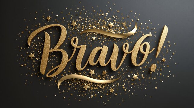 Elegant Gold 'Bravo!' Typography with Glitter and Flourish on Dark Background