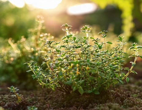 fresh thyme plants grow in a garden under sunlight during the summer season for cooking and herbal use