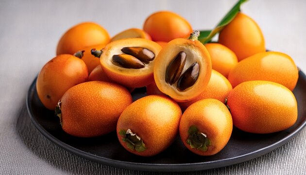 fresh ripe loquats on a plate whole and halved revealing seeds