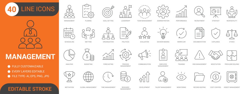 Management and business administration line icon set with planning, leadership and strategy. Editable stroke.